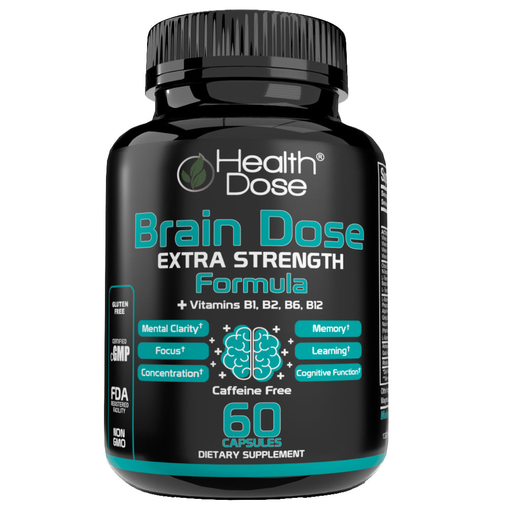 Health Dose Brain Dose Premium Nootropics - Mental Focus, Natural Energy & Vitamins - Caffeine-Free, 60-Count - For Men & Women.