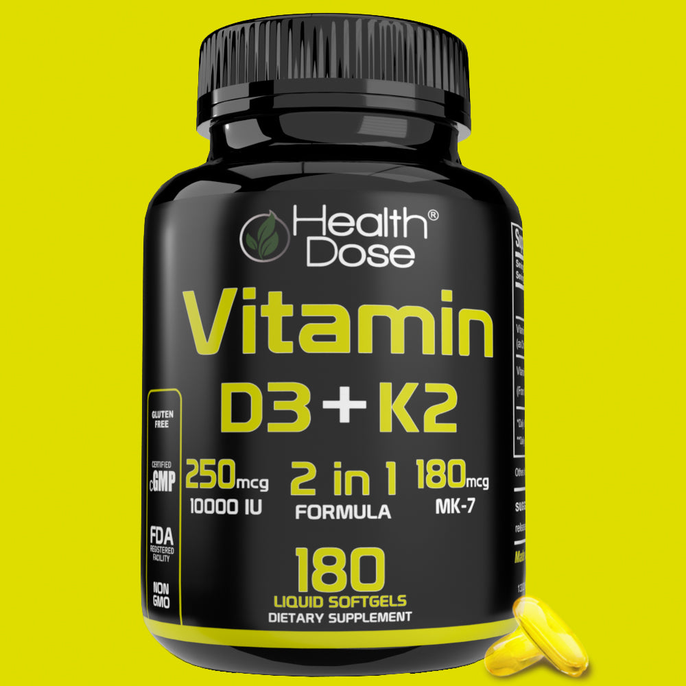 Health Dose Vitamin D3 + K2. 2 in 1 Formula. 180 Liquid Softgels