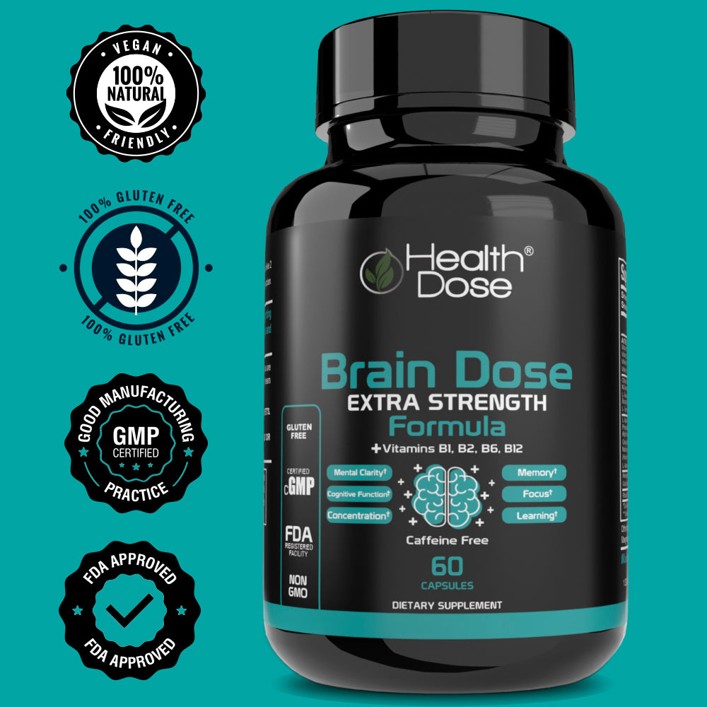 Health Dose Brain Dose Premium Nootropics - Mental Focus, Natural Energy & Vitamins - Caffeine-Free, 60-Count - For Men & Women. - healthdoseusa