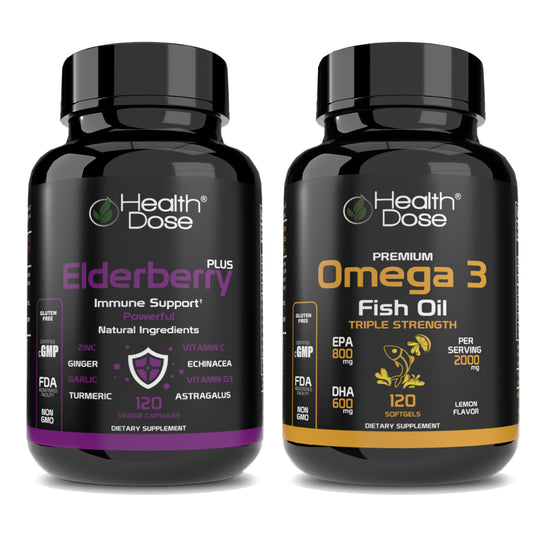 Health Dose Premium Omega 3 Fish Oil x 120 Softgels + Elderberry Plus. 120 Capsules - healthdoseusa