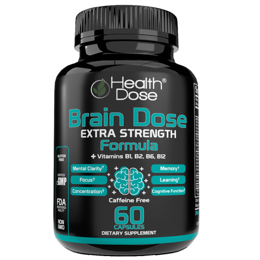Health Dose Brain Dose Premium Nootropics - Mental Focus, Natural Energy & Vitamins - Caffeine-Free, 60-Count - For Men & Women.