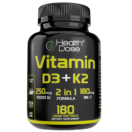 Health Dose Vitamin D3 + K2. 2 in 1 Formula. 180 Liquid Softgels