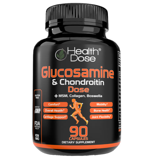 Health Dose Premium Joint Support - Glucosamine Chondroitin MSM Turmeric Boswellia & Hyaluronic Acid - Relieves Inflammation & Discomfort in Back, Knees & Hands - Antioxidant Properties - 90 Capsules