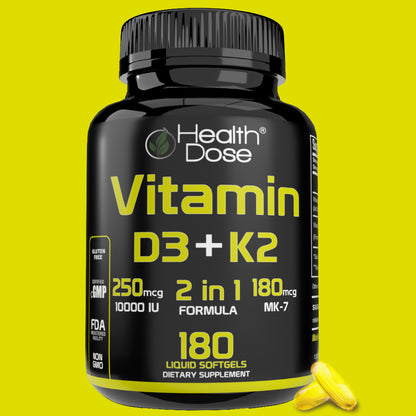 Health Dose Vitamin D3 + K2. 2 in 1 Formula. 180 Liquid Softgels