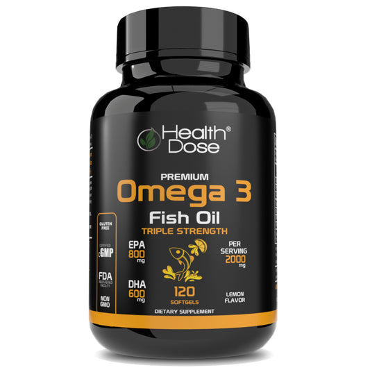 Premium Omega 3 Fish Oil. Triple Strength. Lemon Flavor. 120 Softgel