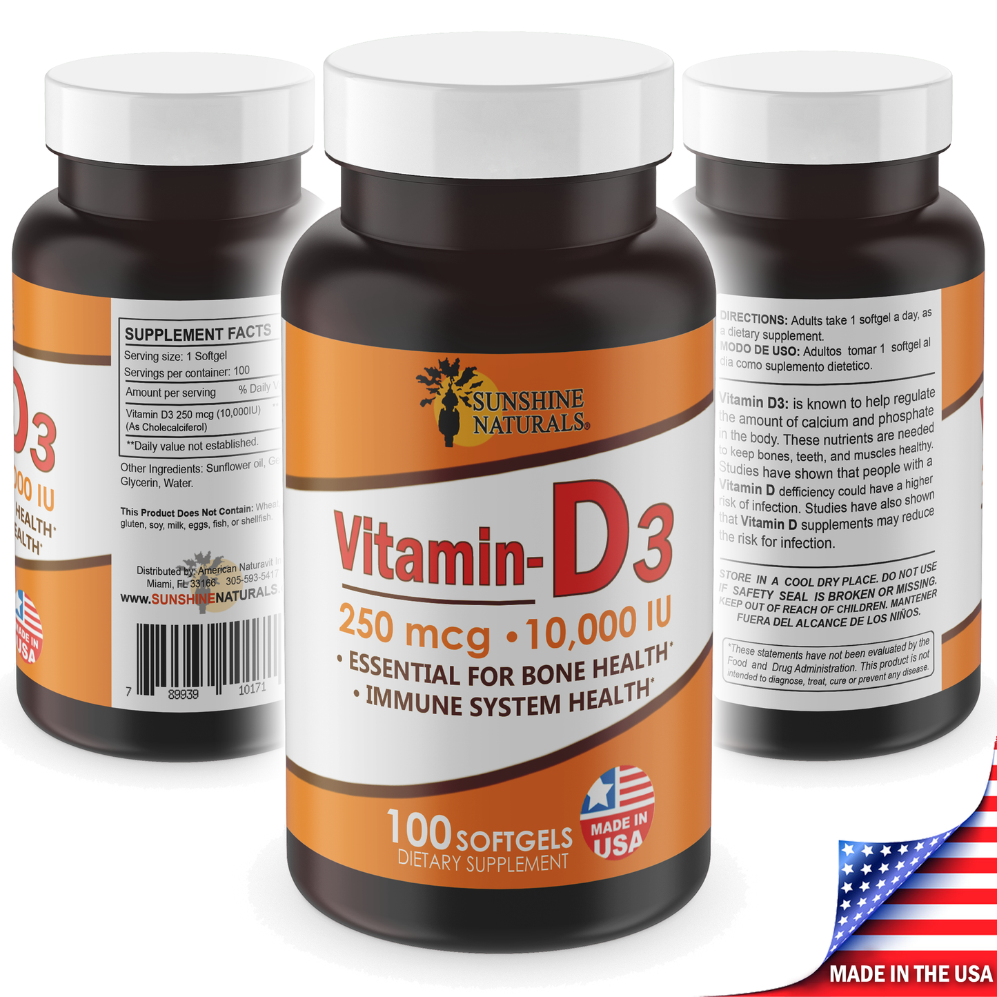 Sunshine Naturals Vitamin D3. 250 mcg. 100 Softgels