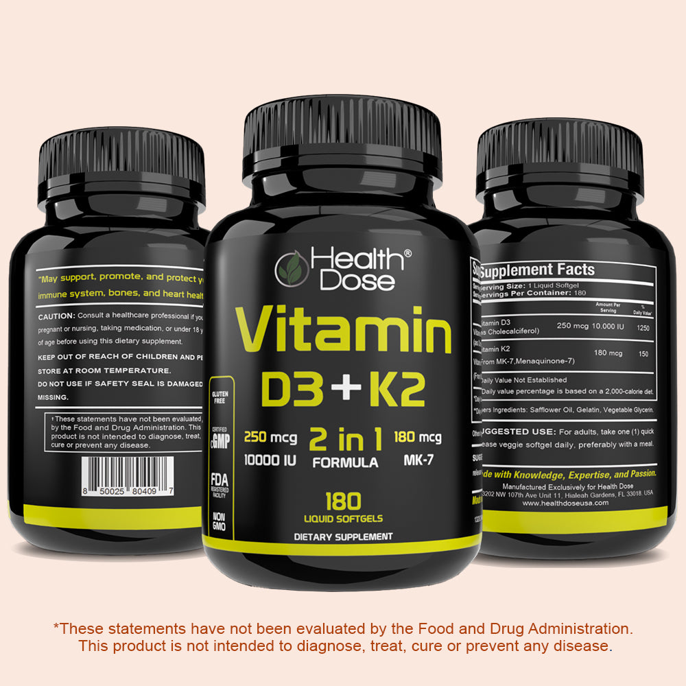 Vitamin D3 + K2. 180 Liquid Softgels