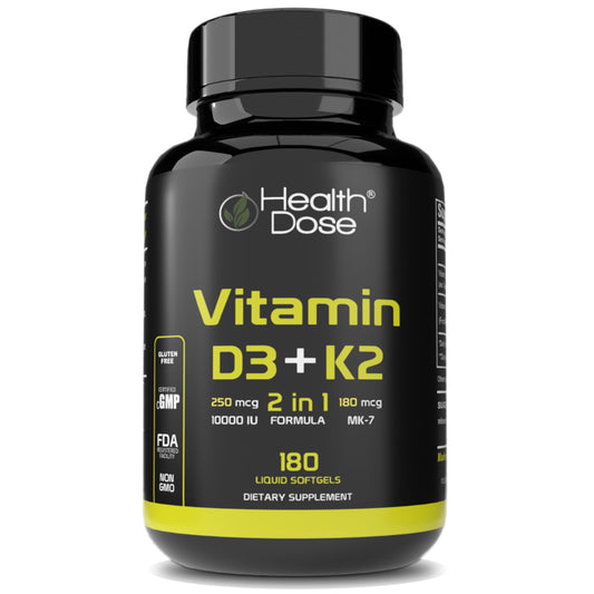 Health Dose Vitamin D3 + K2. 2 in 1 Formula. 180 Liquid Softgels - healthdoseusa