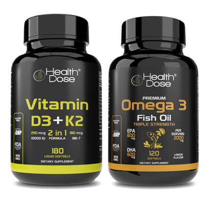 Health Dose Premium Omega 3 Fish Oil x 120 Softgels + Vitamin D3-K2. 180 Liquid Softgels - healthdoseusa